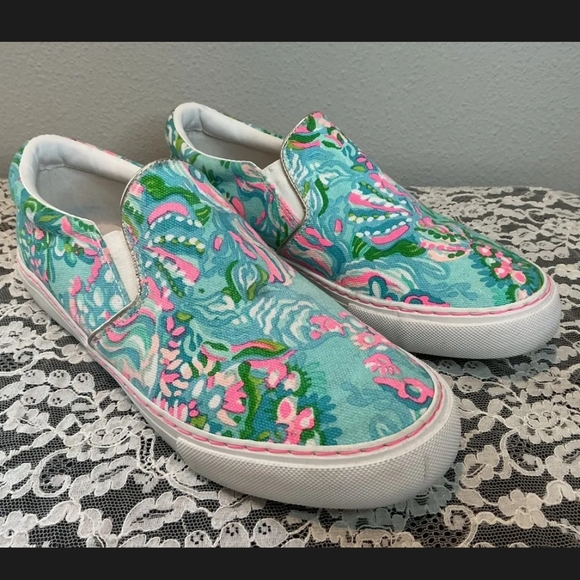 Lilly Pulitzer Julie Aqua and Pink Slip-On Sneakers - Picture 2 of 4